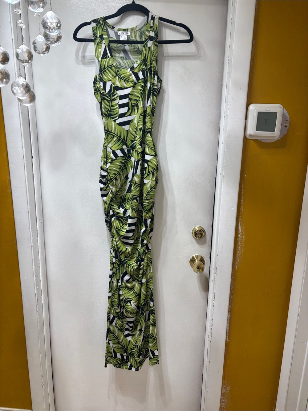 VENUS Green Leaf Print Maxi Dress with Black and White Stripes